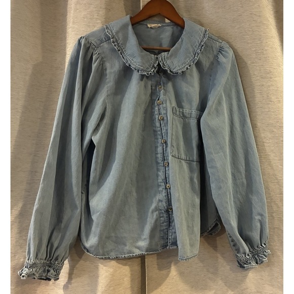 Pilcro Tops - Pilcro Women's XL Blue Cotton Denim Ruffle Collar Long Sleeve Button-Up Shirt
